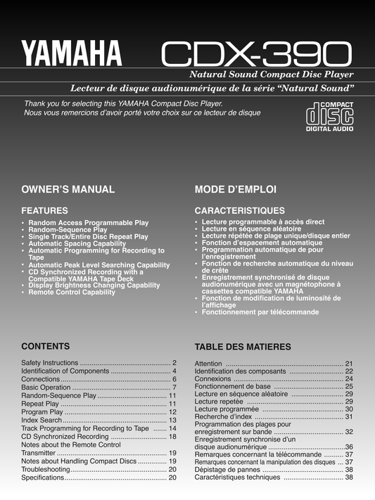 Yamaha CDX-390 CD Player Owner's/ User Manual (Pages: 21)