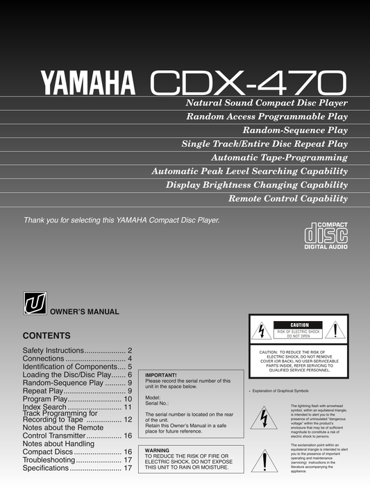 Yamaha CDX-470 CD Player Owner's/ User Manual (Pages: 18)