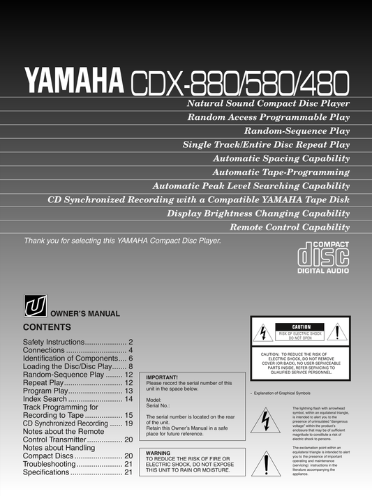 Yamaha CDX-480, CDX-580 & CDX-880 CD Player Owner's/ User Manual (Pages: 22)