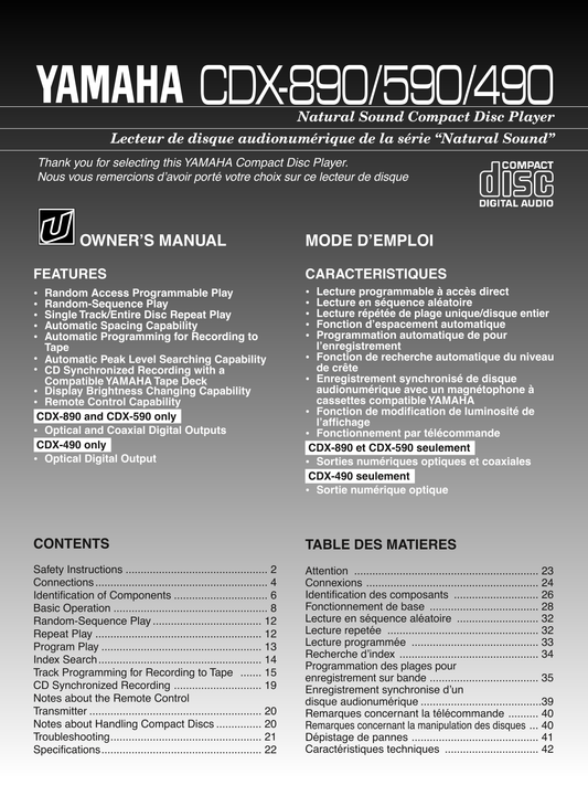 Yamaha CDX-490, CDX-590 & CDX-890 CD Player Owner's/ User Manual (Pages: 23)