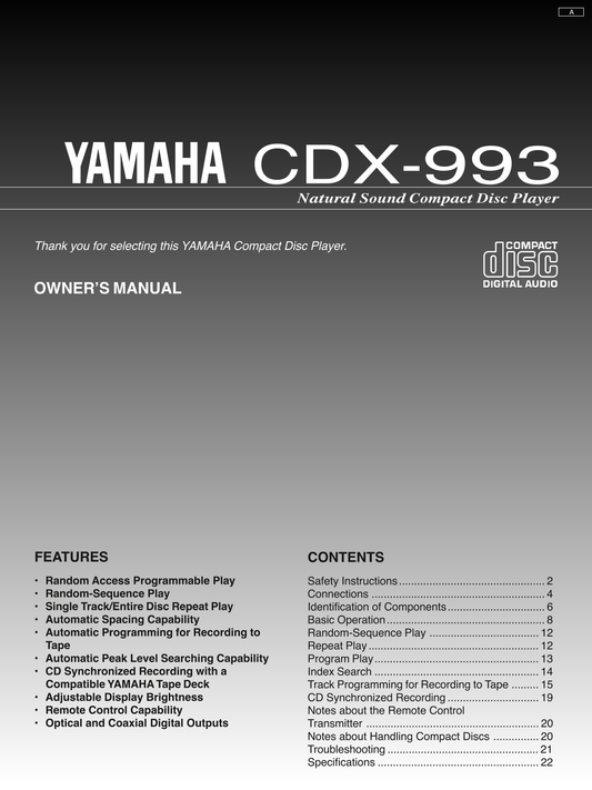 Yamaha CDX-993 CD Player Owner's/ User Manual (Pages: 23)