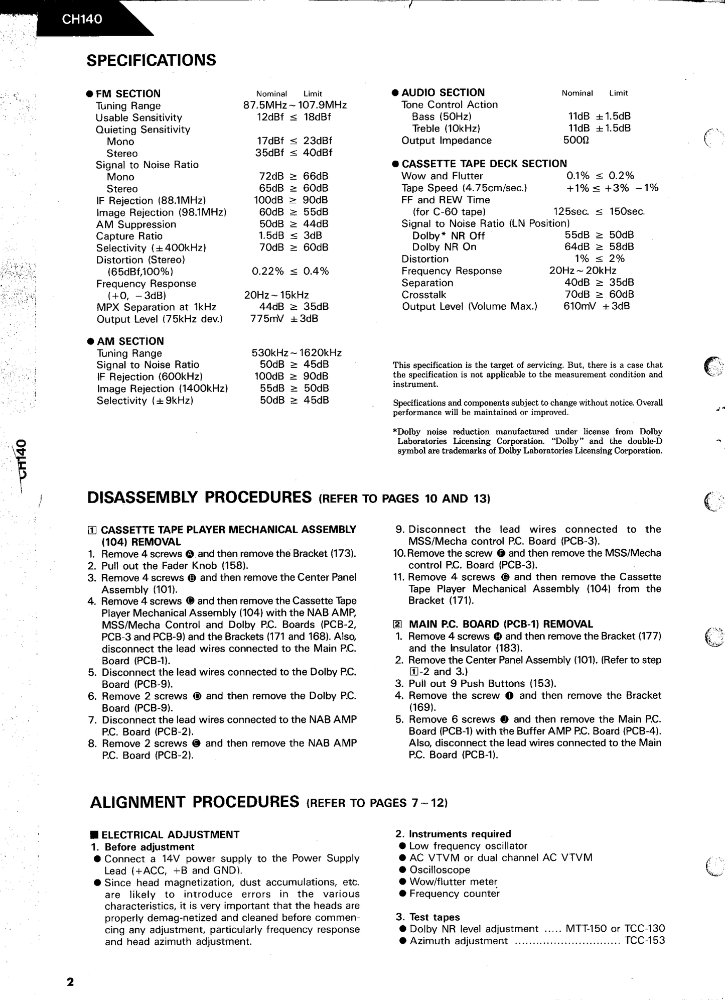 Harman/ Kardon CH140 Hi Fi Cassette Deck/ Tuner Service Manual (Pages: 37)