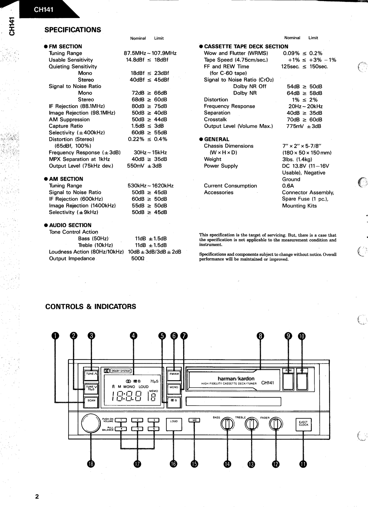 Harman/ Kardon CH141 Hi Fi Cassette Deck/ Tuner Owner & Service Manual (Pages: 55)