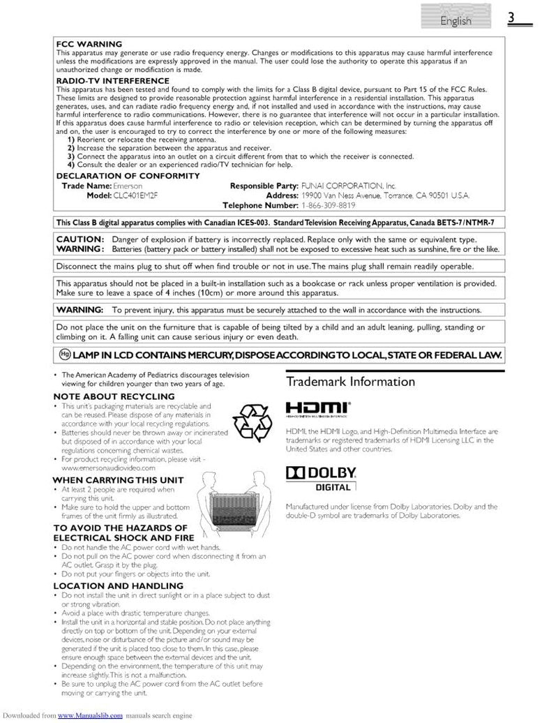 Funai Emerson CLC401EM2F TV Operating Manual