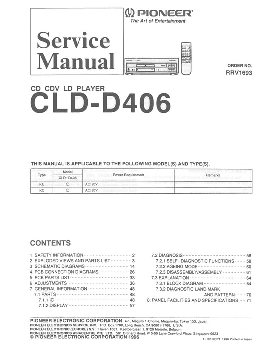 Pioneer CLD-D406 CD/CDV/LD Player Service Manual (Pages: 72)