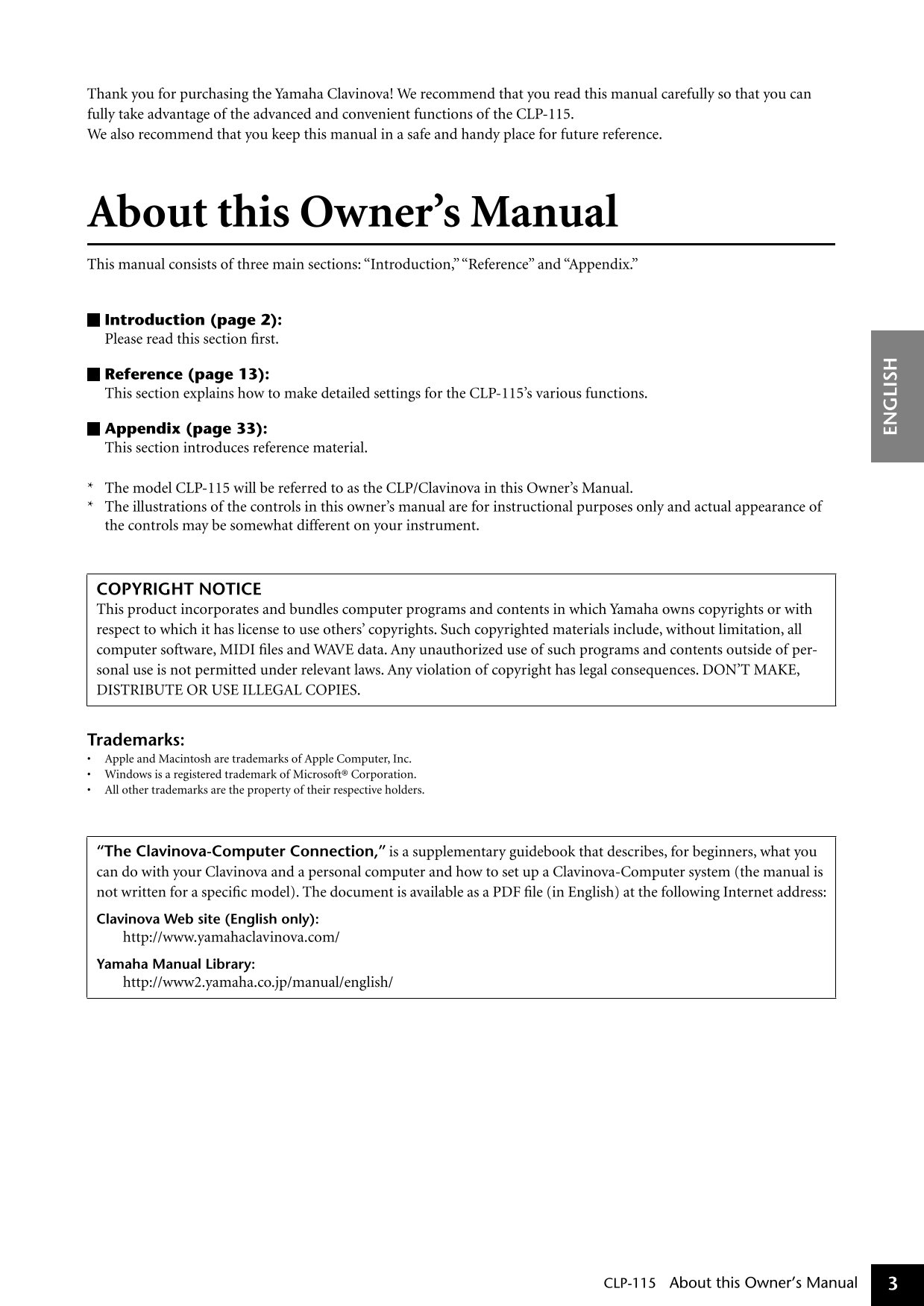 Yamaha CLP-115 Digital Piano Owner's/ User Manual (Pages: 46)