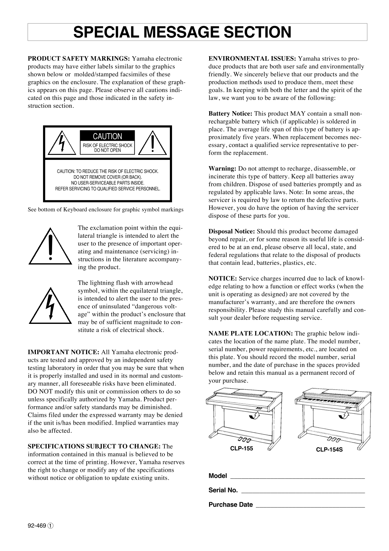 Yamaha CLP-154S & CLP-155 Digital Piano Owner's/ User Manual (Pages: 35)