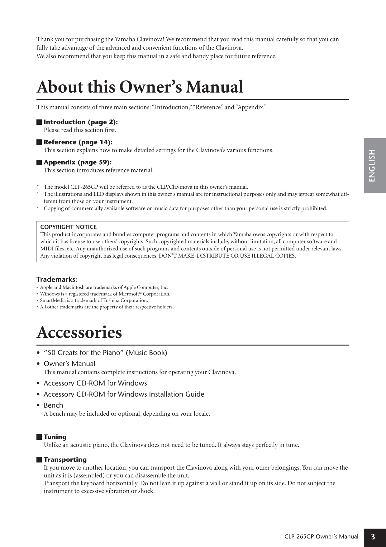 Yamaha CLP-265GP Digital Piano Owner's/ User Manual (Pages: 72)