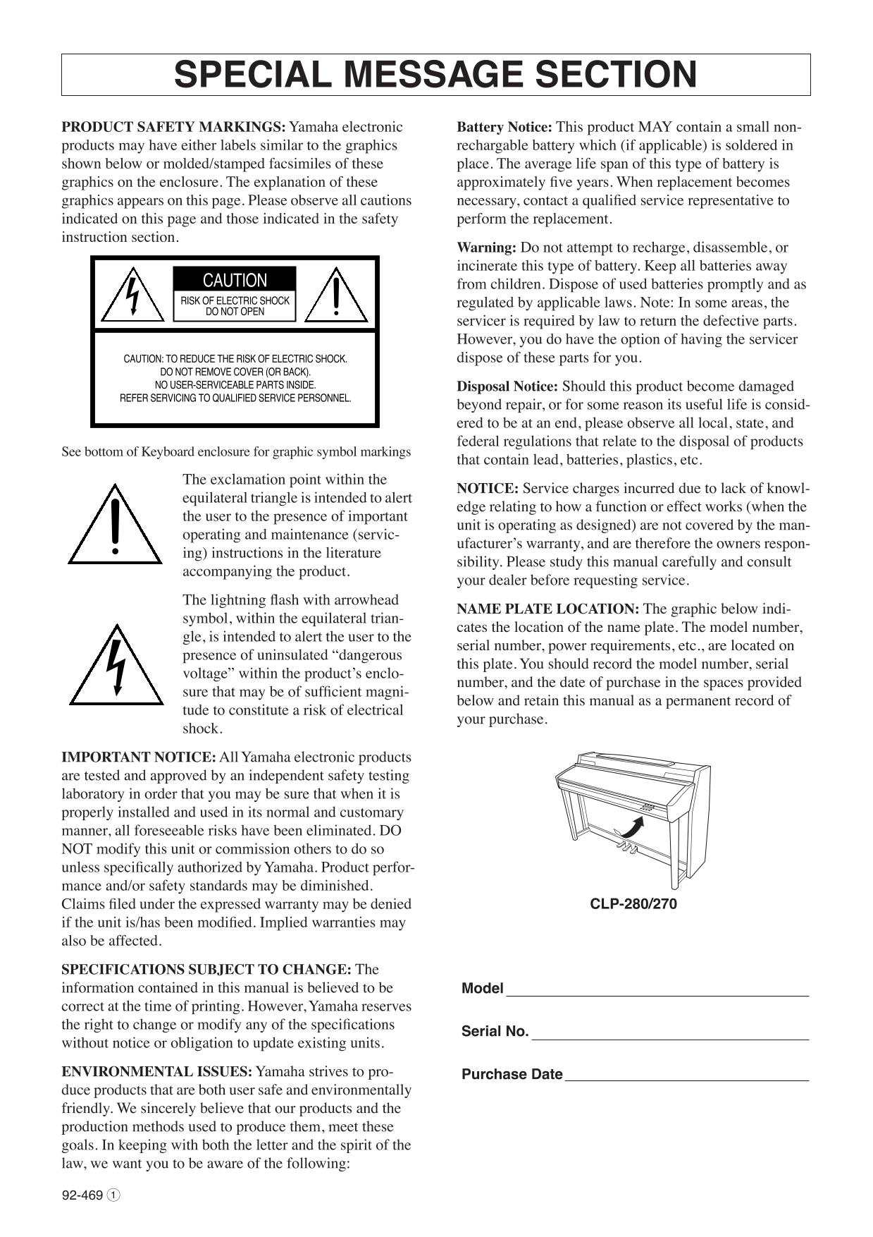 Yamaha CLP-270 & CLP-280 Digital Piano Owner's/ User Manual (Pages: 124)