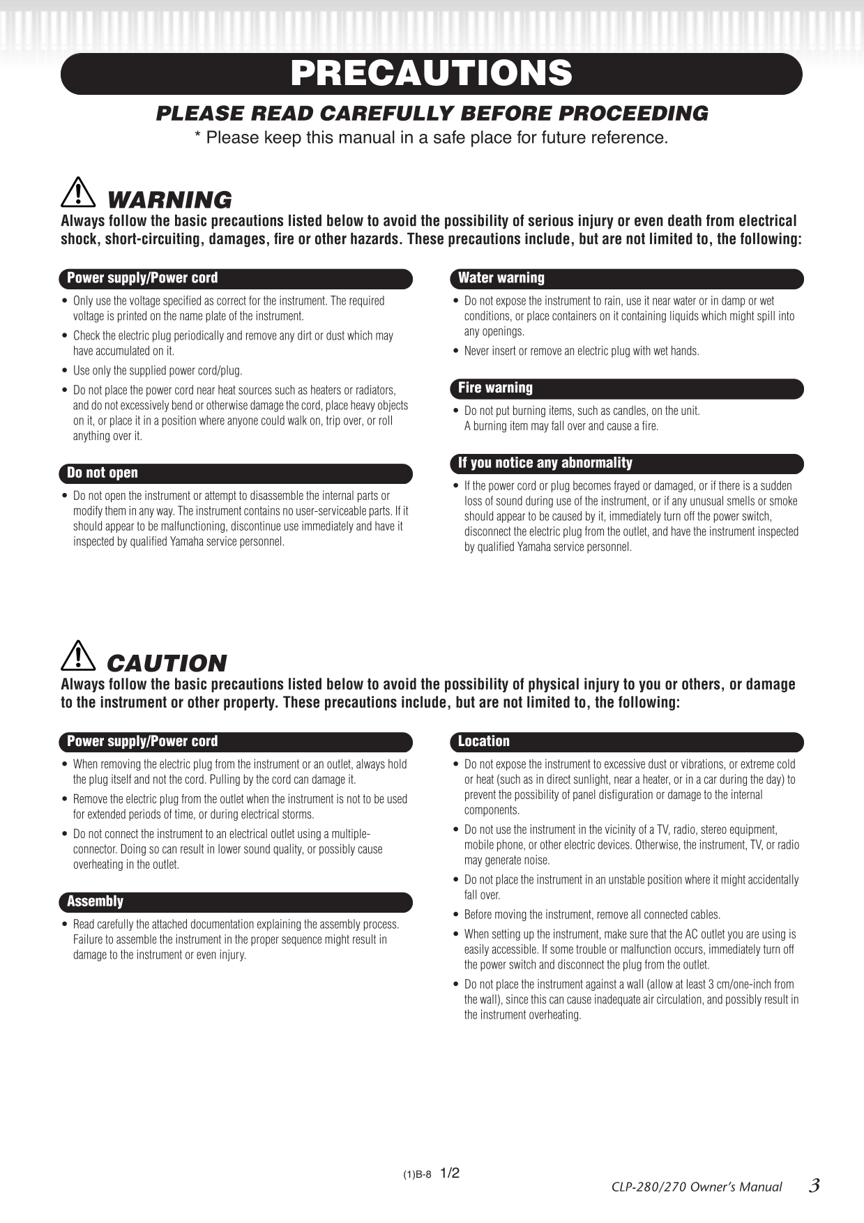 Yamaha CLP-270 & CLP-280 Digital Piano Owner's/ User Manual (Pages: 124)