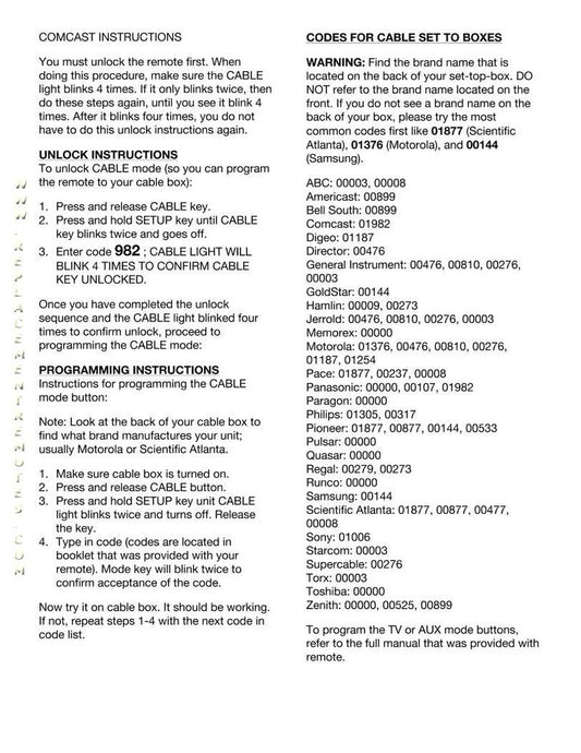 Comcast Comcast Remote Quick Instructions Universal Remote Control Operating Manual