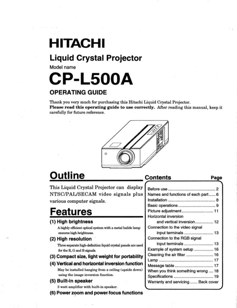 Hitachi CPL500A Projector Operating Manual