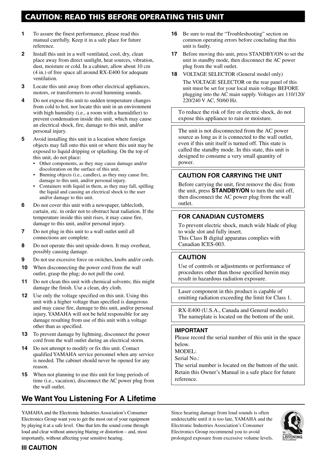 Yamaha CRX-E500 CD Player Owner's/ User Manual (Pages: 31)