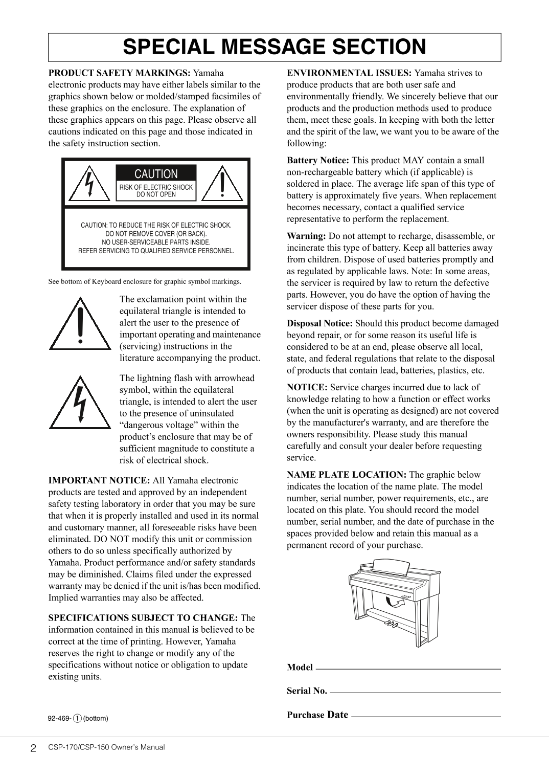 Yamaha CSP-150 & CSP-170 Digital Piano Owner's/ User Manual (Pages: 48)