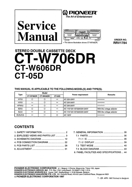 Pioneer CT-05D, CT-W606DR & CT-W706DR Stereo Cassette Tape Deck Service Manual (Pages: 45)