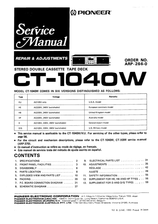 Pioneer CT-1040W Stereo Double Cassette Tape Deck Service Manual (Pages: 42)