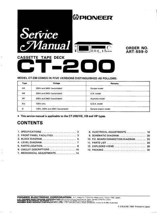 Pioneer CT-200 Cassette Tape Deck Service Manual (Pages: 34)
