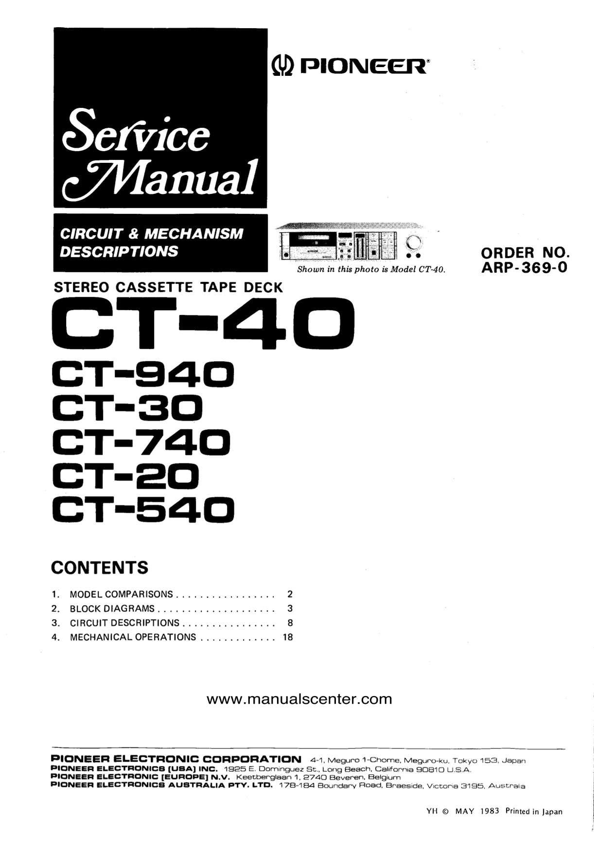 Pioneer CT-20, CT-30, CT-40, CT-540, CT-740 & CT-940 Stereo Cassette Tape Deck Service Manual (Pages: 25)