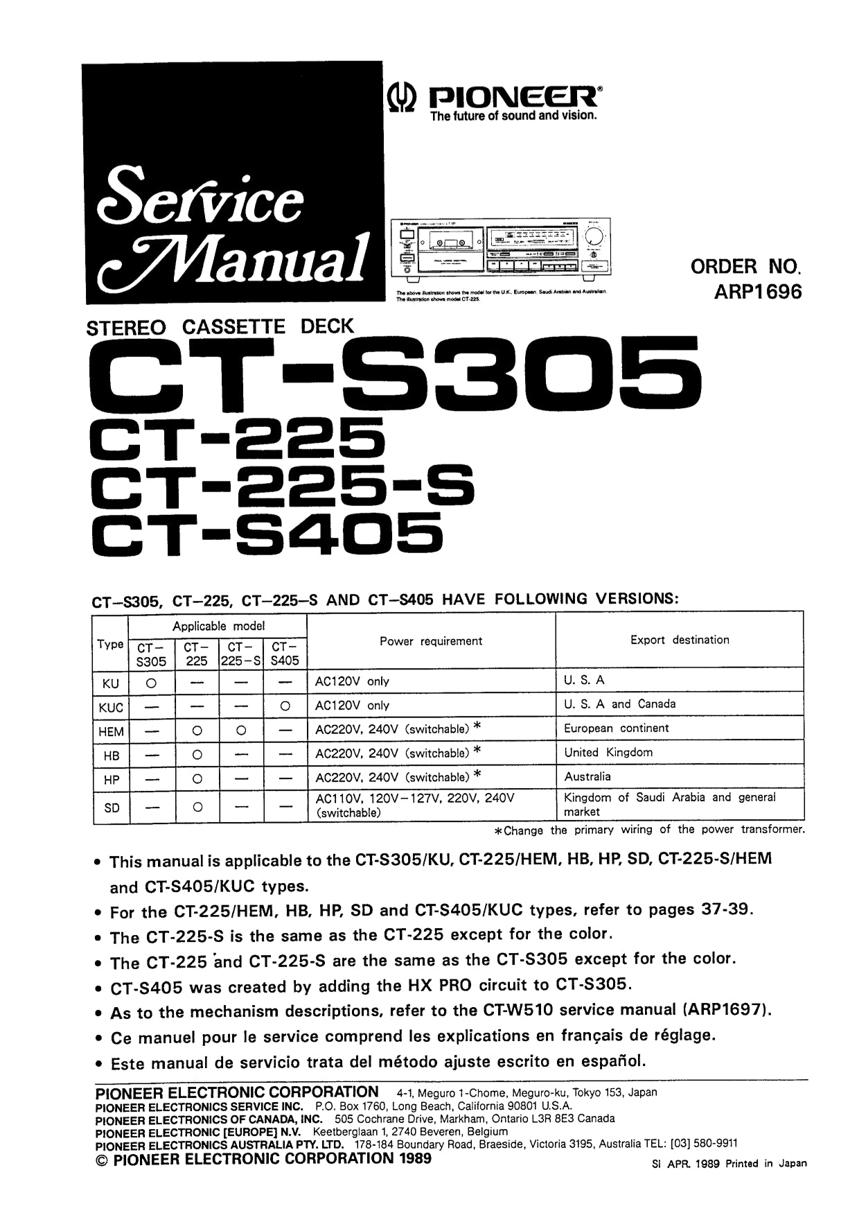 Pioneer CT-225, CT-225S, CT-S305 & CT-S405 Stereo Cassette Tape Deck Service Manual (Pages: 34)