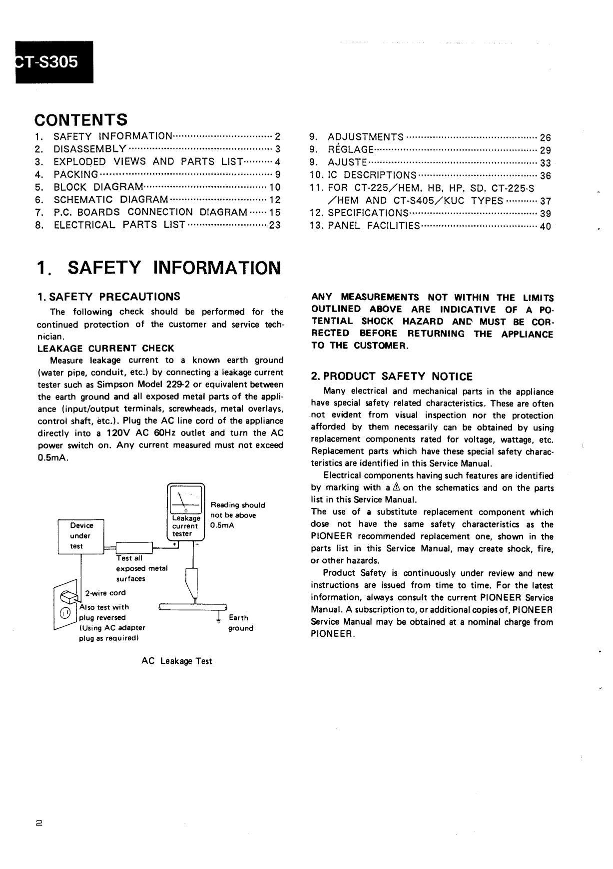 Pioneer CT-225, CT-225S, CT-S305 & CT-S405 Stereo Cassette Tape Deck Service Manual (Pages: 34)