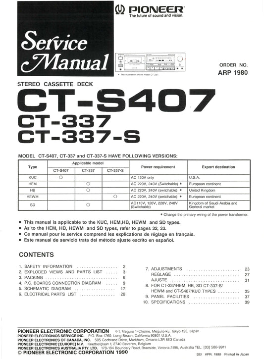 Pioneer CT-337, CT-337-S & CT-S407 Stereo Cassette Tape Deck Service Manual (Pages: 25)