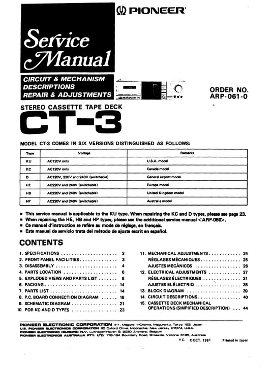 Pioneer CT-3 Stereo Cassette Tape Deck Service Manual (Pages: 42)