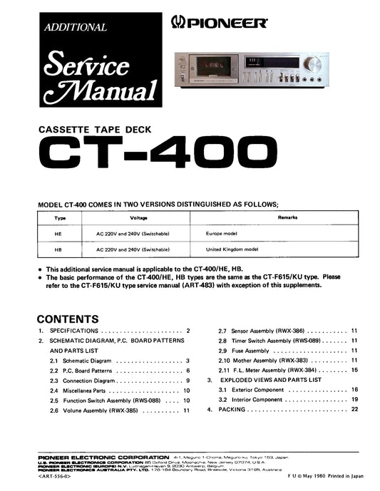 Pioneer CT-400, CT-F615 Stereo Cassette Tape Deck Service Manual (Pages: 22)