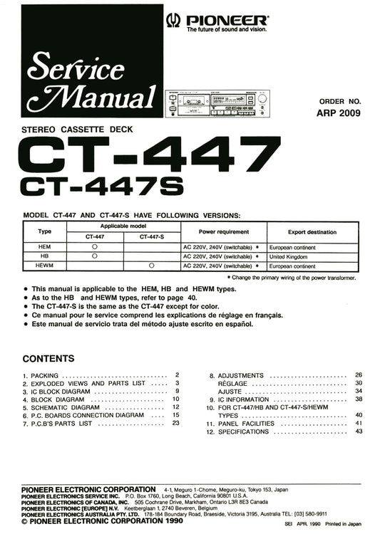 Pioneer CT-447 & CT-447S Stereo Cassette Tape Deck Service Manual (Pages: 29)