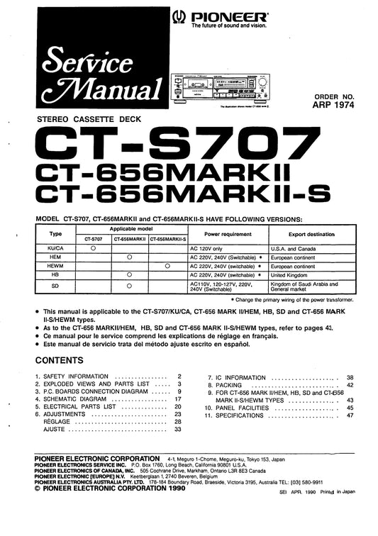 Pioneer CT-656II, CT-656II-S & CT-S707 Cassette Deck Service Manual (Pages: 30)