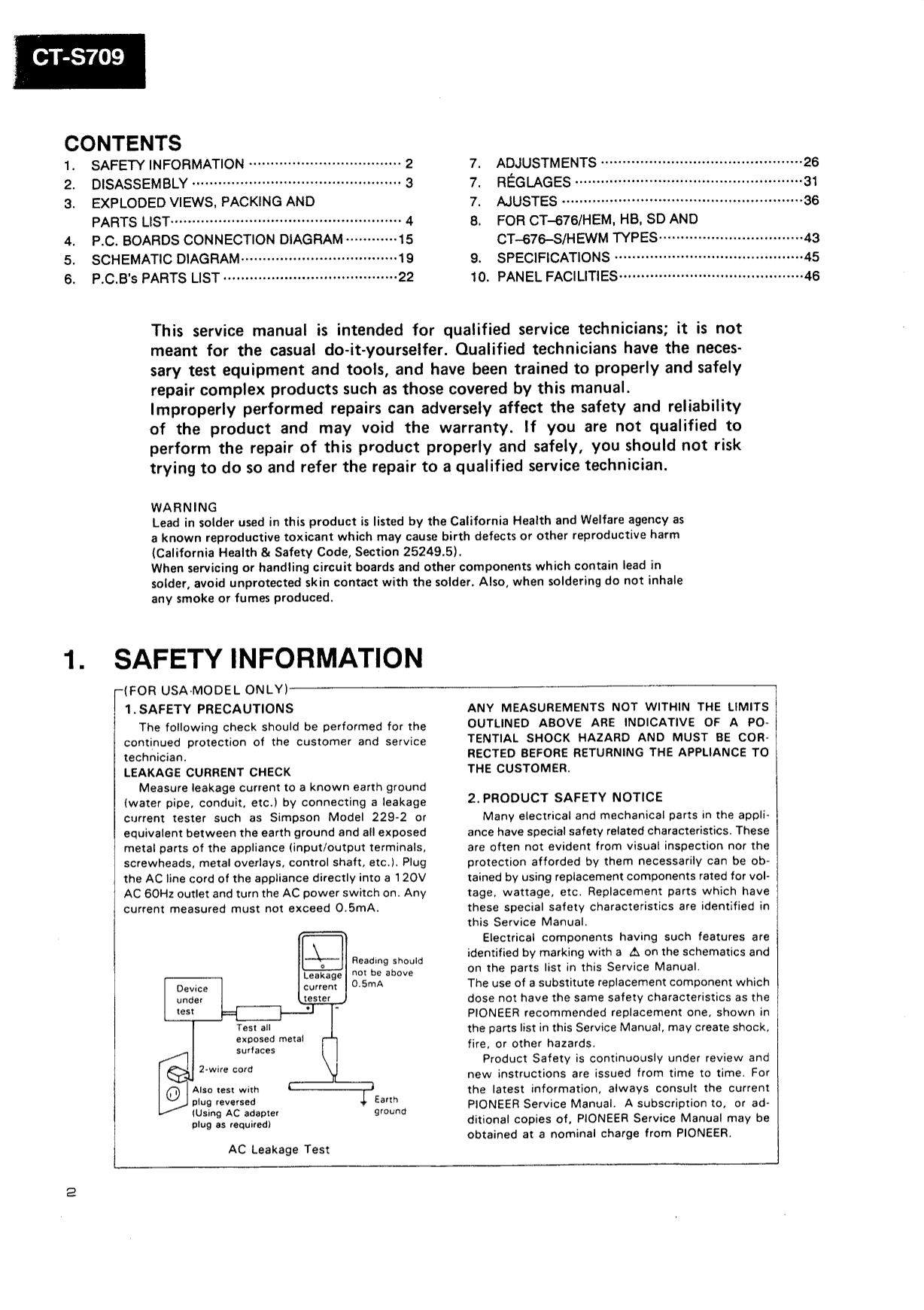 Pioneer CT-676, CT-676S & CT-S709 Cassette Deck Service Manual (Pages: 29)
