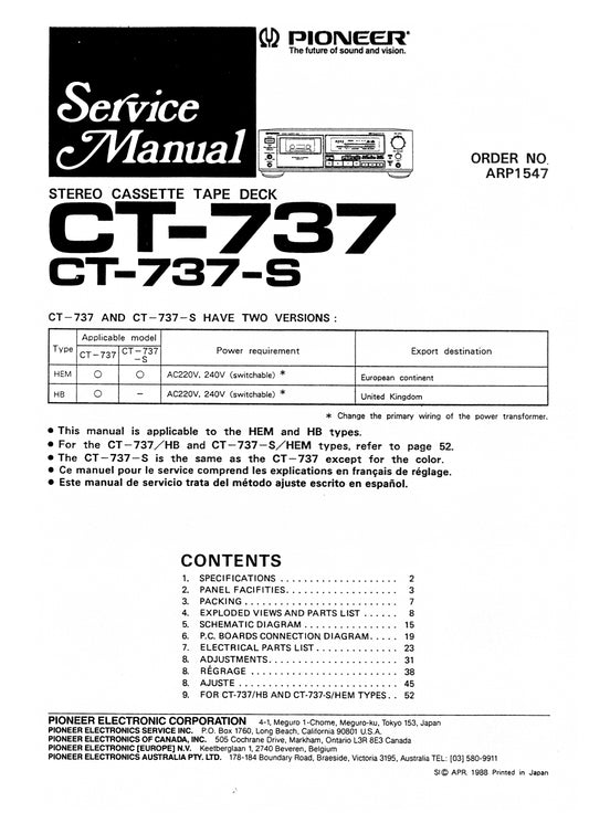 Pioneer CT-737 & CT-737-S Stereo Cassette Tape Deck Service Manual (Pages: 20)