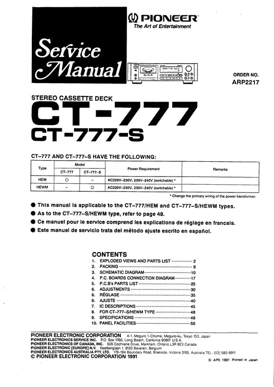 Pioneer CT-777 & CT-777-S Cassette Deck Service Manual (Pages: 31)