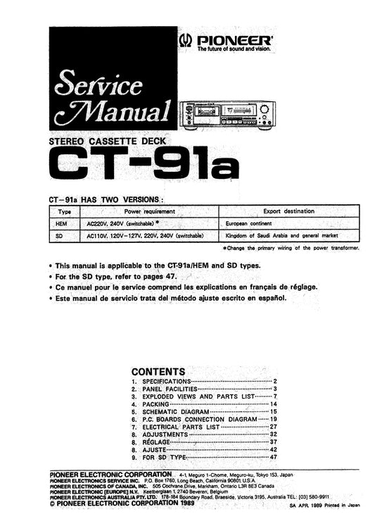 Pioneer CT-91A Stereo Cassette Tape Deck Service Manual (Pages: 24)