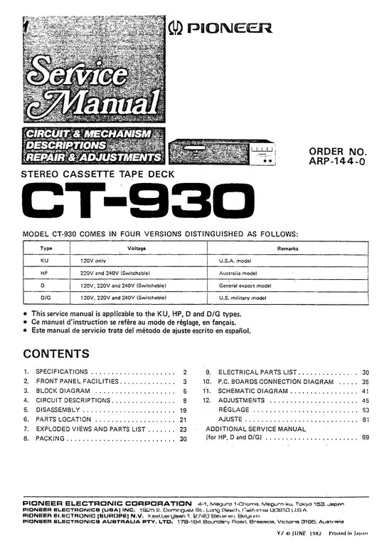 Pioneer CT-930 Stereo Cassette Tape Deck Service Manual (Pages: 56)