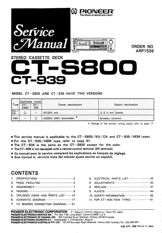 Pioneer CT-939 & CT-S800 Cassette Deck Service Manual (Pages: 28)