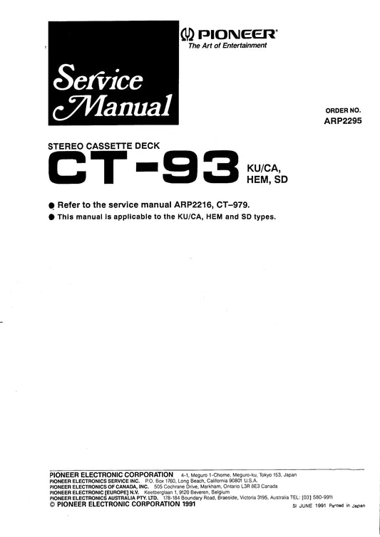 Pioneer CT-93 Stereo Cassette Deck Service Manual (Pages: 74)