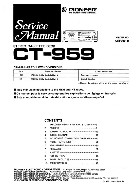 Pioneer CT-959 Stereo Cassette Deck Service Manual (Pages: 22)