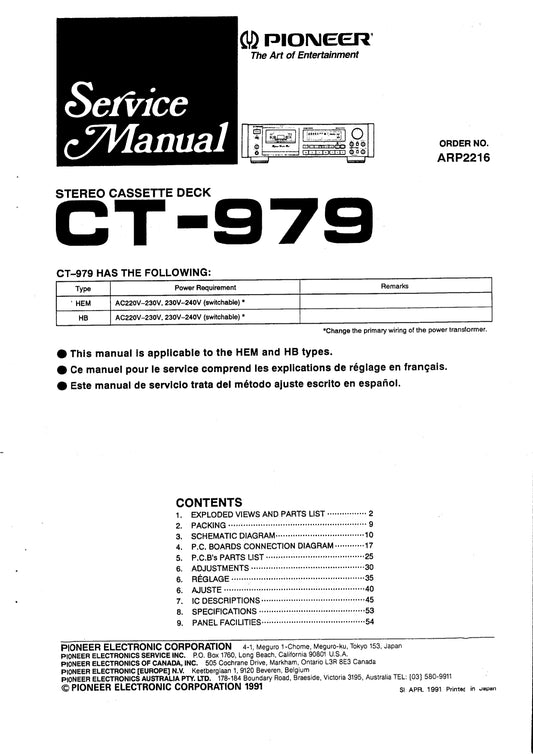 Pioneer CT-979 Stereo Cassette Deck Service Manual (Pages: 36)