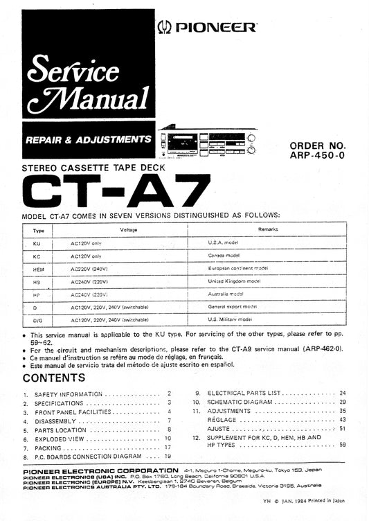 Pioneer CT-A7 Stereo Cassette Tape Deck Service Manual (Pages: 35)