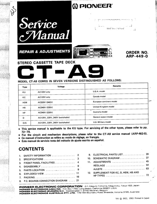 Pioneer CT-A9 Stereo Cassette Tape Deck Service Manual (Pages: 40)