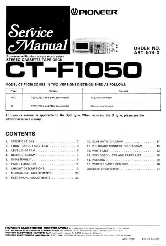 Pioneer CT-F1050 Stereo Cassette Tape Deck Service Manual (Pages: 55)