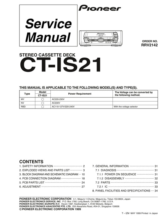 Pioneer CT-IS21 Stereo Cassette Tape Deck Service Manual (Pages: 35)