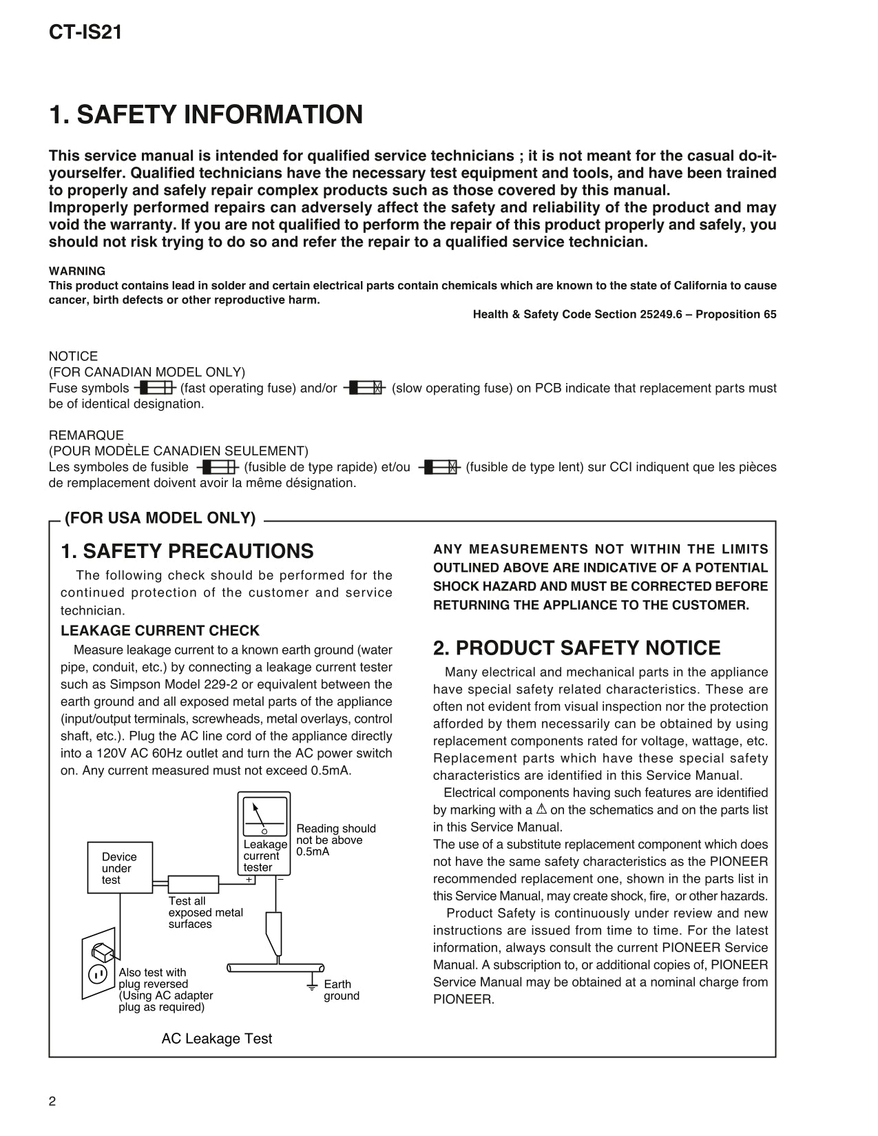 Pioneer CT-IS21 Stereo Cassette Tape Deck Service Manual (Pages: 35)