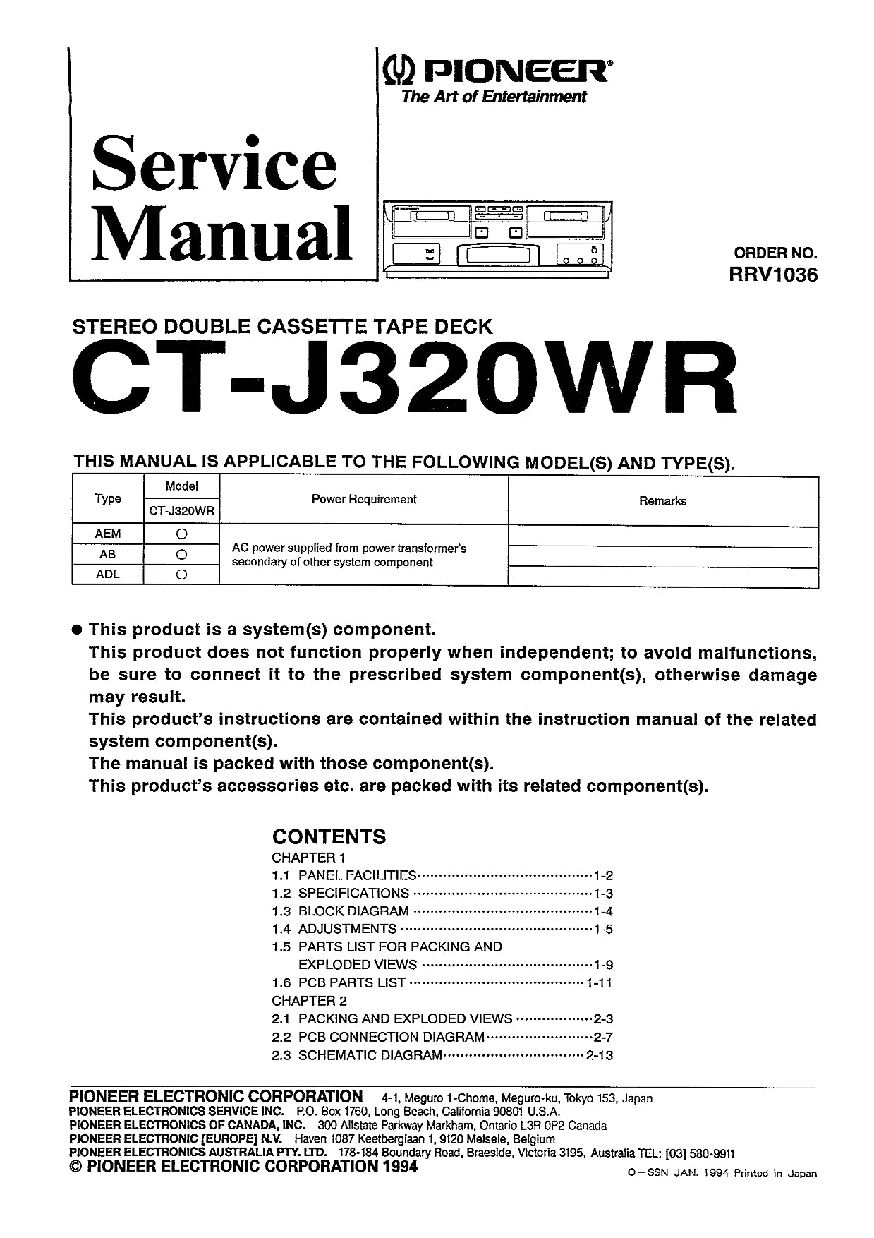 Pioneer CT-J320WR Stereo Cassette Tape Deck Service Manual (Pages: 22)