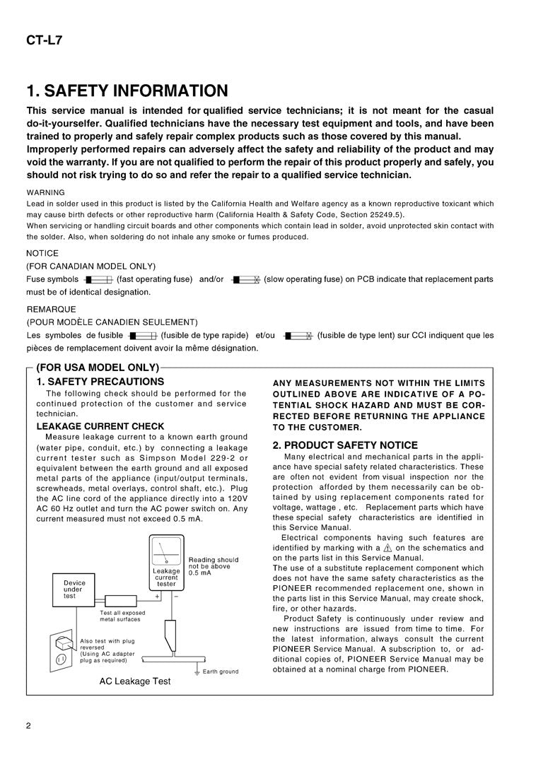 Pioneer CT-L7 Stereo Cassette Tape Deck Service Manual (Pages: 27)