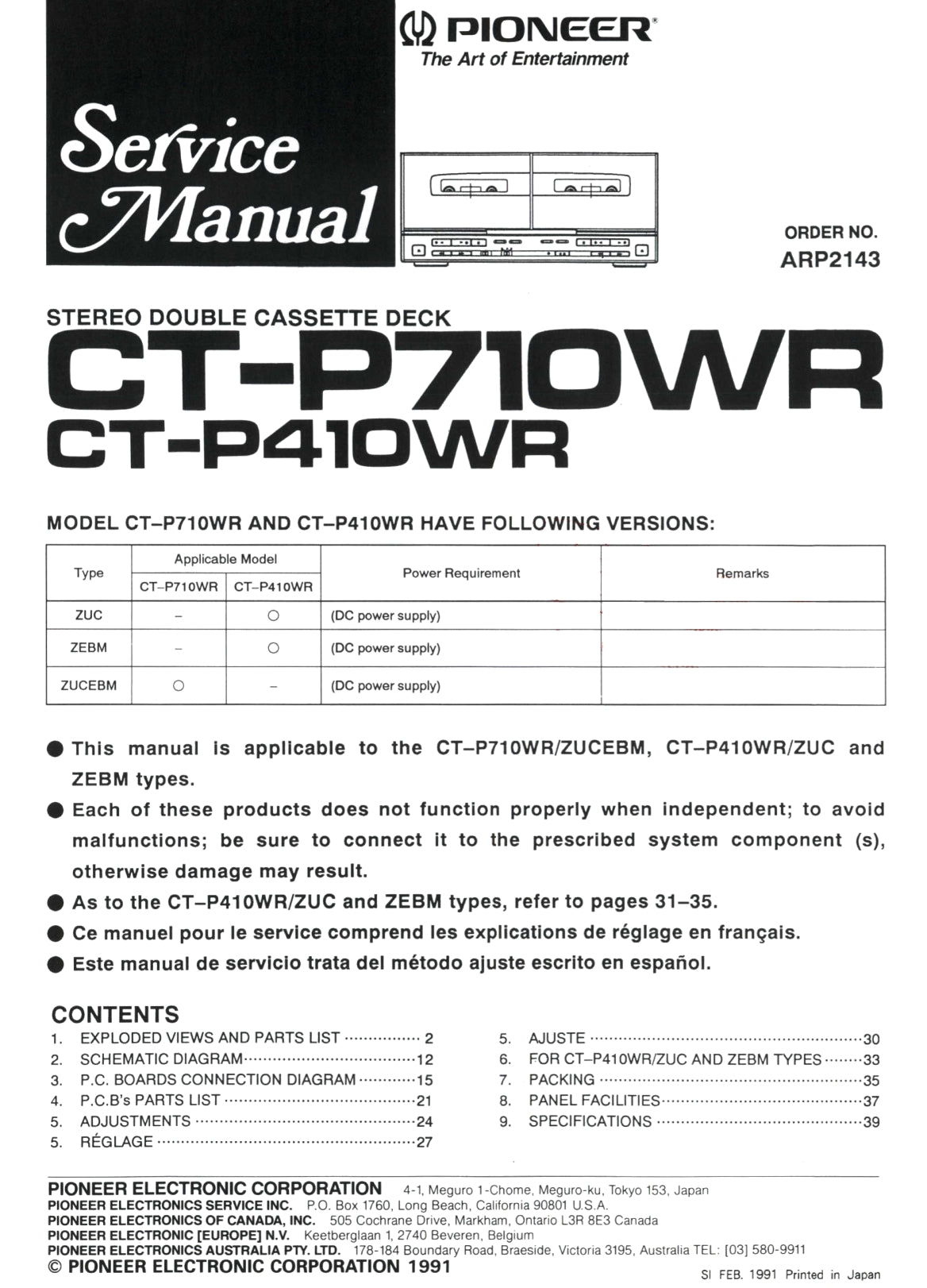 Pioneer CT-P410WR & CT-P710WR Stereo Cassette Tape Deck Service Manual (Pages: 29)
