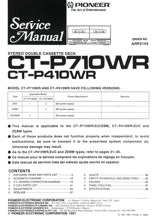 Pioneer CT-P410WR & CT-P710WR Stereo Cassette Tape Deck Service Manual (Pages: 29)