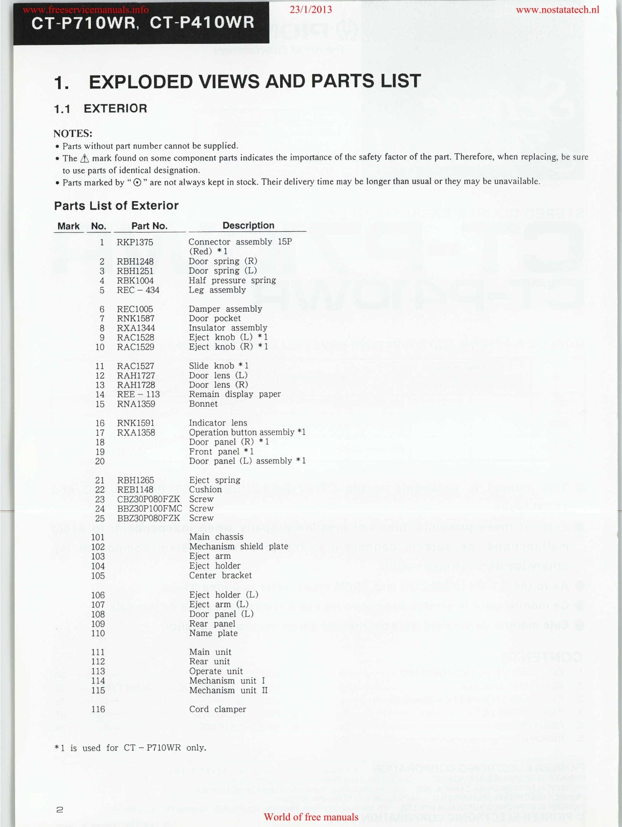 Pioneer CT-P410WR & CT-P710WR Stereo Cassette Tape Deck Service Manual (Pages: 29)
