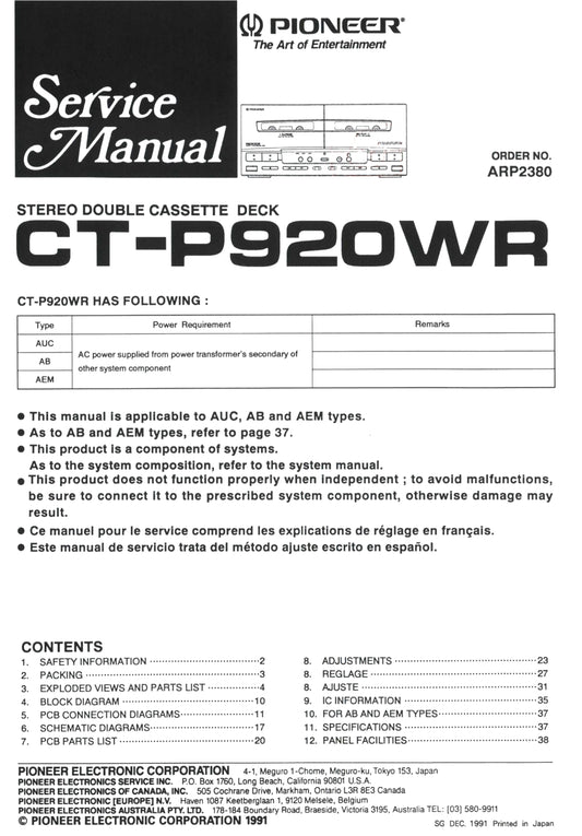 Pioneer CT-P920WR Stereo Cassette Tape Deck Service Manual (Pages: 28)