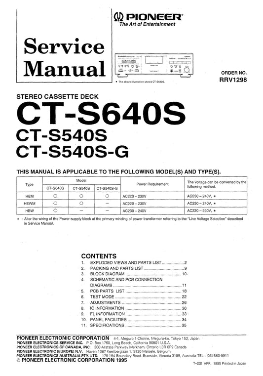 Pioneer CT-S540S & CT-S640S Stereo Cassette Tape Deck Service Manual (Pages: 29)